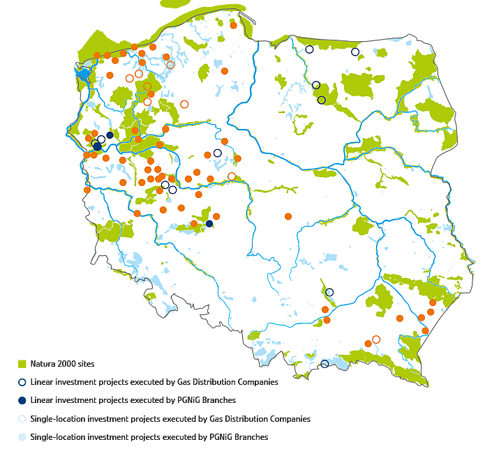 Inwestycje środowiskowe Grupy PGNiG na tle obszarów chronionych